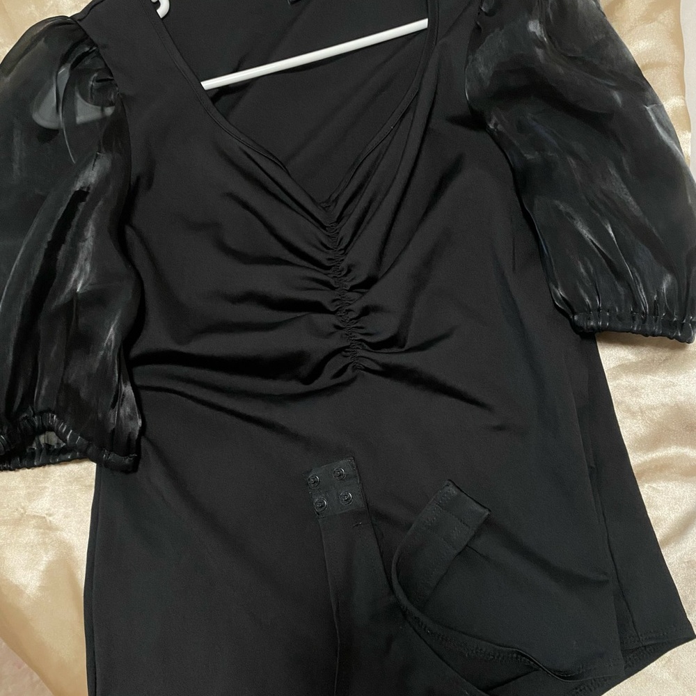 Black Ruched Top with Sheer Sleeves